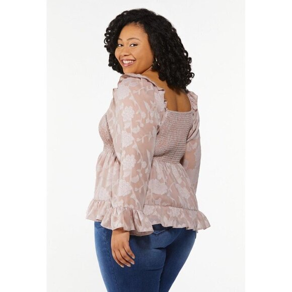 Cato Plus Smocked Square Chiffon Sheer Dusty Rose Floral Flounce Blouse Top 14 - Picture 3 of 3